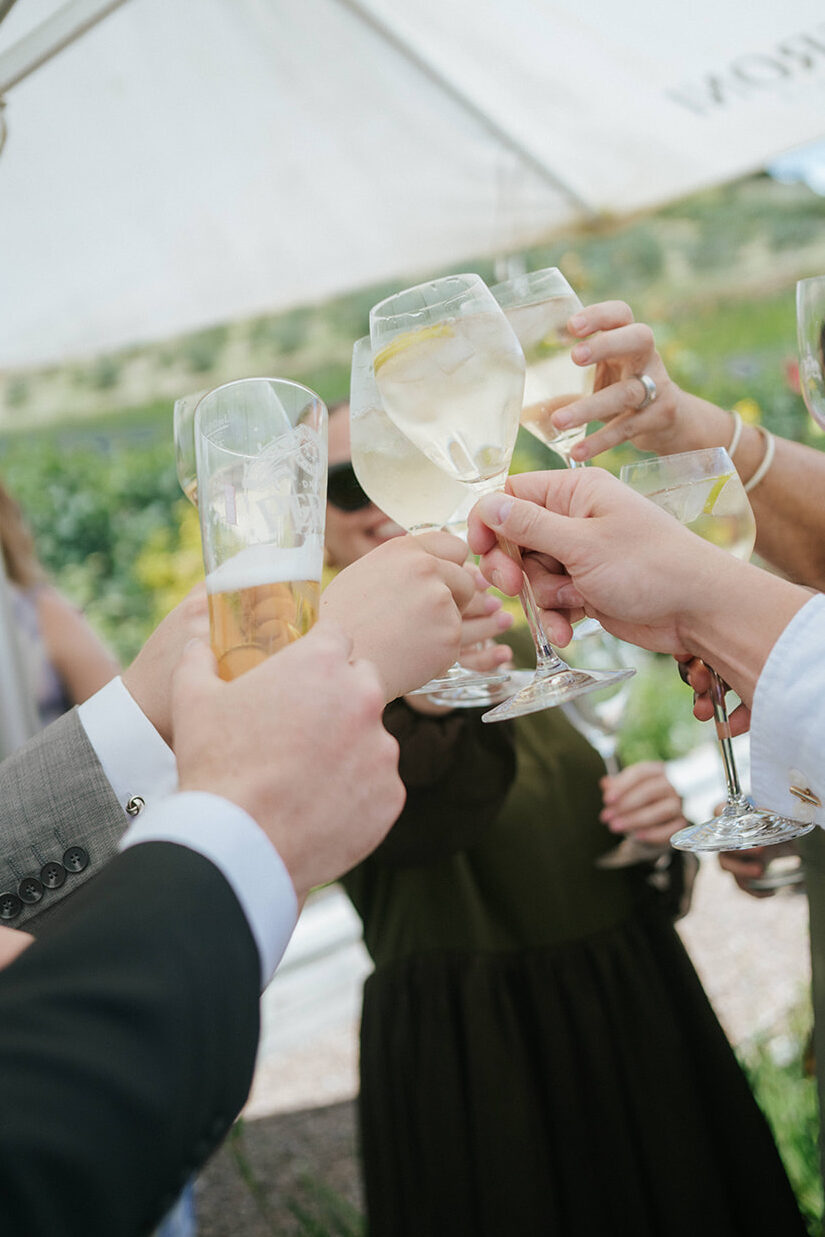 Wedding guests cheers their glasses